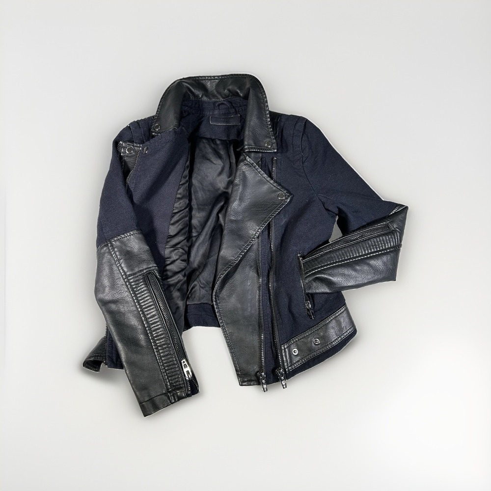 BLANK NYC Faux Leather Moto Biker Jacket SzS Navy Black Mixed Media Edgy Punk